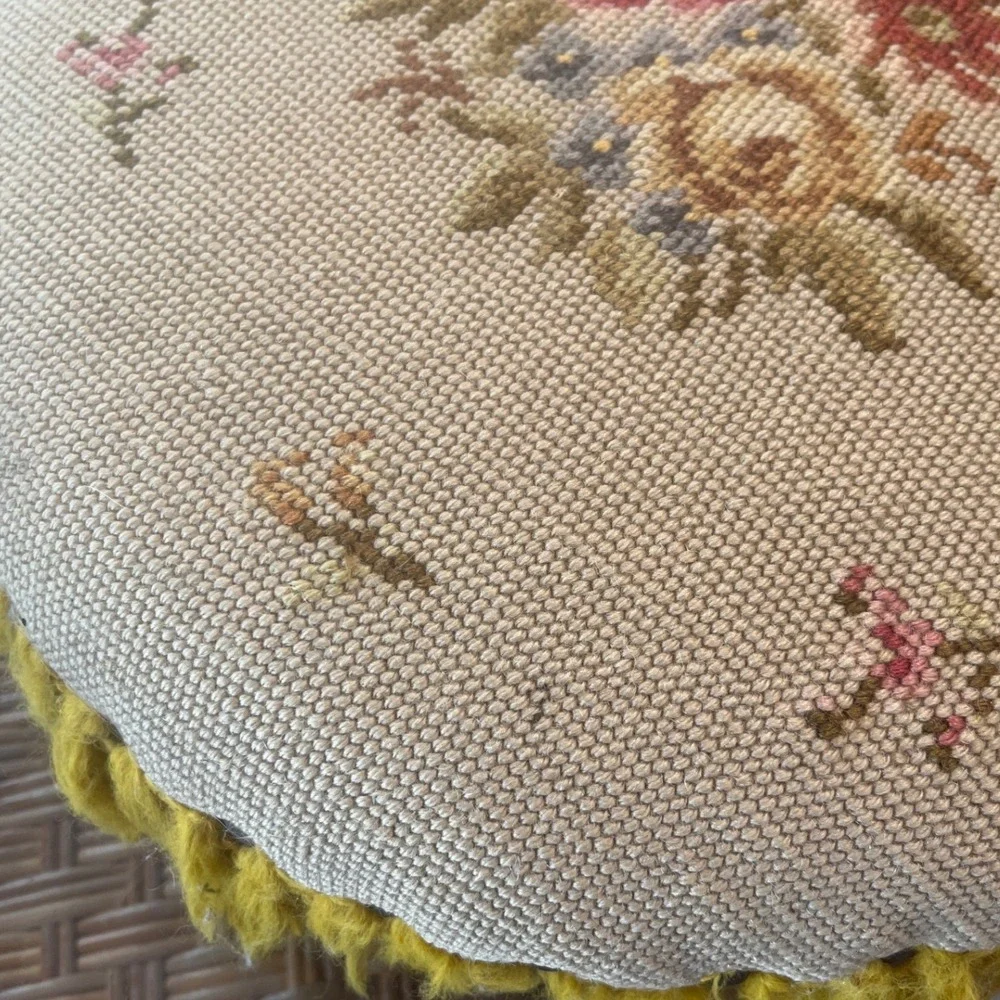 Antique Round Tan Floral Tapestry‎ Needlepoint wood Footstool Stool